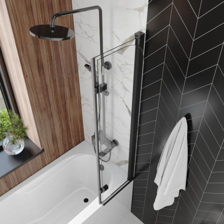 Шторка на ванну стеклянная 80х140 см Watersense Nancy S W00217 распашная, тонированное стекло, профиль черный матовый