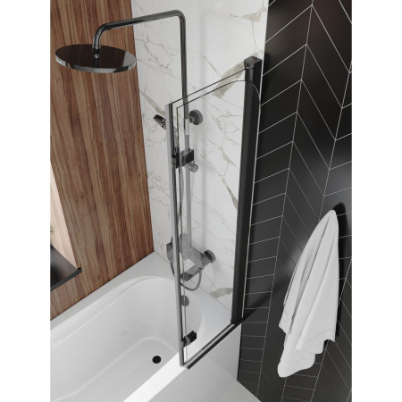 Шторка на ванну стеклянная 80х140 см Watersense Nancy S W00217 распашная, тонированное стекло, профиль черный матовый