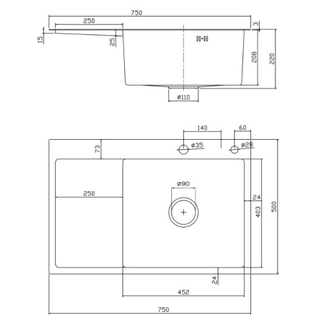 Мойка для кухни врезная Fmark FSC7550Q-R графит из нержавеющей стали, 75*50 см правая с сифоном
