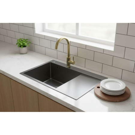 Мойка для кухни врезная Fmark FSC7550Q-R графит из нержавеющей стали, 75*50 см правая с сифоном