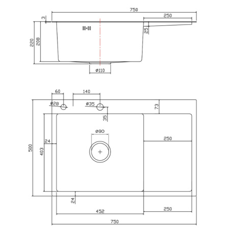 Мойка для кухни врезная Fmark FSC7550Q-L графит из нержавеющей стали, 75*50 см левая с сифоном