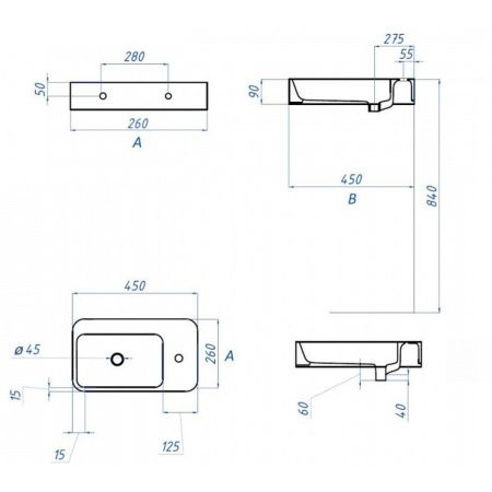 Раковина подвесная правая Watersense Mia 45 W00025 450х260х90 мм с полочкой под смеситель, белая