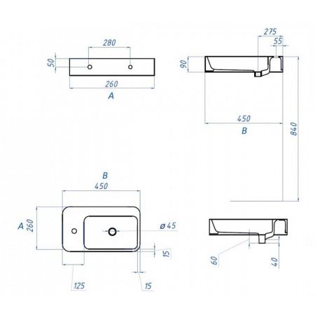 Раковина подвесная левая Watersense Mia 45 W00024 450х260х90 мм с полочкой под смеситель, белая