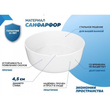 Раковина накладная Watersense Milana D31 W00166 310х310х110 мм белая